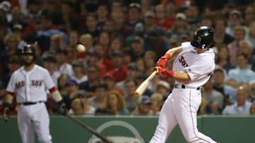 Aug 13, 2016; Boston, MA, USA; Boston Red Sox left fielder Andrew Benintendi (40) hits an RBI double against the Arizona Diamondbacks during the fifth inning at Fenway Park. Mandatory Credit: Mark L. Baer-USA TODAY Sports