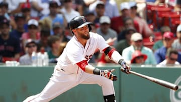 Aug 14, 2016; Boston, MA, USA; Boston Red Sox second baseman Dustin Pedroia (15) singles against the Arizona Diamondbacks during the third inning at Fenway Park. Mandatory Credit: Winslow Townson-USA TODAY Sports