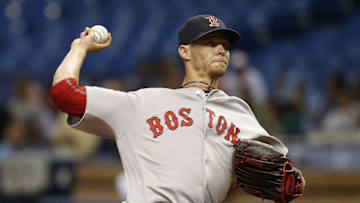 Aug 23, 2016; St. Petersburg, FL, USA; Boston Red Sox starting pitcher Clay Buchholz (11) throws a pitch during the first inning against the Tampa Bay Rays at Tropicana Field. Mandatory Credit: Kim Klement-USA TODAY Sports