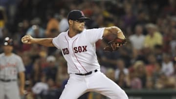 Jul 25, 2016; Boston, MA, USA; Boston Red Sox relief pitcher Joe Kelly (56) pitches during the seventh inning against the Detroit Tigers at Fenway Park. Mandatory Credit: Bob DeChiara-USA TODAY Sports