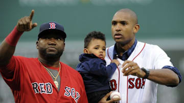 Jul 8, 2016; Boston, MA, USA; Boston Red Sox designated hitter David Ortiz (34) with Boston Celtic forward Al Horford and son Ean prior to a game against the Tampa Bay Rays at Fenway Park. Mandatory Credit: Bob DeChiara-USA TODAY Sports