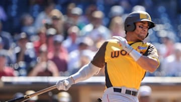 Jul 10, 2016; San Diego, CA, USA; World infielder Yoan Moncada at bat in the first inning during the All Star Game futures baseball game at PetCo Park. Mandatory Credit: Gary A. Vasquez-USA TODAY Sports