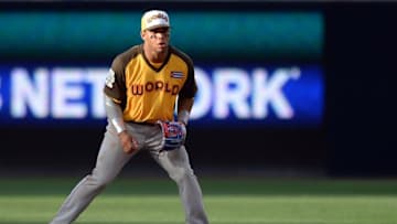 Jul 10, 2016; San Diego, CA, USA; World second baseman Yoan Moncada in the field against the USA team during the All Star Game futures baseball game at PetCo Park. Mandatory Credit: Jake Roth-USA TODAY Sports
