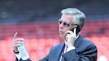 Jul 5, 2016; Boston, MA, USA; Boston Red Sox president of baseball operations Dave Dombrowski speaks on the phone prior to a game against the Texas Rangers at Fenway Park. Mandatory Credit: Mark L. Baer-USA TODAY Sports