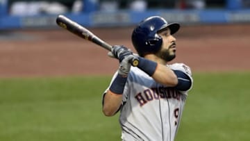 Sep 6, 2016; Cleveland, OH, USA; Houston Astros first baseman Marwin Gonzalez (9) hits a three-run home run in the second inning against the Cleveland Indians at Progressive Field. Mandatory Credit: David Richard-USA TODAY Sports