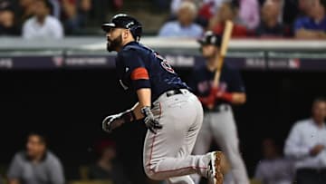 October 6, 2016; Cleveland, OH, USA; Boston Red Sox catcher Sandy Leon (3) hits a solo home run in the fifth inning against the Cleveland Indians during game one of the 2016 ALDS playoff baseball game at Progressive Field. Mandatory Credit: Ken Blaze-USA TODAY Sports