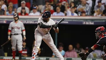 Oct 7, 2016; Cleveland, OH, USA; Boston Red Sox center fielder Jackie Bradley Jr. (25) is hit by a pitch against the Cleveland Indians in the eight inning during game two of the 2016 ALDS playoff baseball series at Progressive Field. Mandatory Credit: Rick Osentoski-USA TODAY Sports