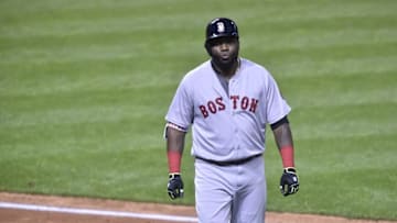 Oct 7, 2016; Cleveland, OH, USA; Boston Red Sox designated hitter David Ortiz (34) reacts after flying out against the Cleveland Indians in the ninth inning in game two of the 2016 ALDS playoff baseball series at Progressive Field. The Indians won 6-0. Mandatory Credit: David Richard-USA TODAY Sports