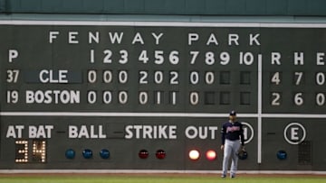 Oct 10, 2016; Boston, MA, USA; Cleveland Indians left fielder Coco Crisp (4) stands infant of the scoreboard in left field during the eighth inning of game three of the 2016 ALDS playoff baseball series against the Boston Red Sox at Fenway Park. Mandatory Credit: Greg M. Cooper-USA TODAY Sports