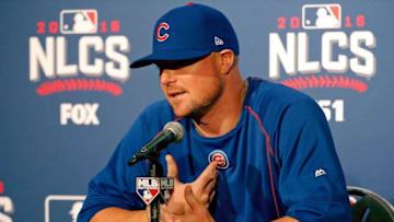 Oct 14, 2016; Chicago, IL, USA; Chicago Cubs starting pitcher Jon Lester (34) talks with media in a press conference before workouts the day prior to the start of the NLCS baseball series at Wrigley Field. Mandatory Credit: Jon Durr-USA TODAY Sports