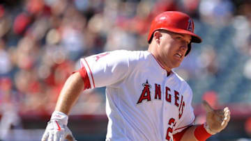 September 18, 2016; Anaheim, CA, USA; Los Angeles Angels center fielder Mike Trout (27) runs after he hits a double in the fifth inning against Toronto Blue Jays at Angel Stadium of Anaheim. Mandatory Credit: Gary A. Vasquez-USA TODAY Sports