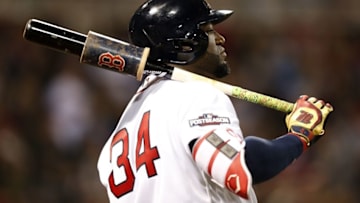 Oct 10, 2016; Boston, MA, USA; Boston Red Sox designated hitter David Ortiz (34) stands on deck in the eighth inning against the Cleveland Indians during game three of the 2016 ALDS playoff baseball series at Fenway Park. Mandatory Credit: Greg M. Cooper-USA TODAY Sports