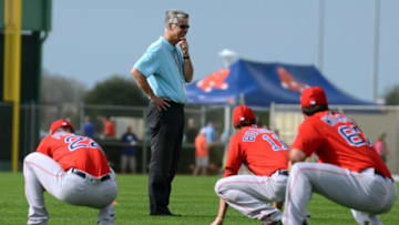 Feb 24, 2016; Lee County, FL, USA; Boston Red Sox president of baseball operations Dave Dombrowski watches the Red Sox warm up before the workout at Jet Blue Park. Mandatory Credit: Jonathan Dyer-USA TODAY Sports
