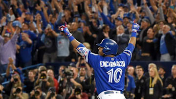 Oct 4, 2016; Toronto, Ontario, CAN; Toronto Blue Jays first baseman Edwin Encarnacion (10) reacts after hitting a walk off three run home run against Baltimore Orioles in the 11th inning to give the Jays a 5-2 win in the American League wild card playoff baseball game at Rogers Centre. Mandatory Credit: Dan Hamilton-USA TODAY Sports