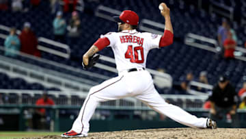 WASHINGTON, DC - JULY 22: Kelvin Herrera #40of the Washington Nationals pitches to an Atlanta Braves batter in the ninth inning at Nationals Park on July 22, 2018 in Washington, DC. (Photo by Rob Carr/Getty Images)