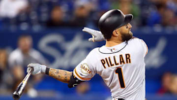TORONTO, ON - APRIL 24: Kevin Pillar #1 of the San Francisco Giants flies out in the ninth inning during a MLB game against the Toronto Blue Jays at Rogers Centre on April 24, 2019 in Toronto, Canada. (Photo by Vaughn Ridley/Getty Images)