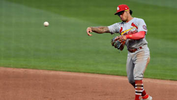 PITTSBURGH, PA - SEPTEMBER 20: Kolten Wong #16 of the St. Louis Cardinals throws to first base to force out Adam Frazier #26 of the Pittsburgh Pirates in the ninth inning during the game at PNC Park on September 20, 2020 in Pittsburgh, Pennsylvania. (Photo by Justin Berl/Getty Images)