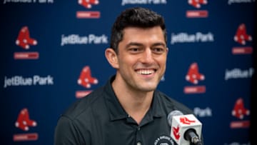 FT. MYERS, FL - FEBRUARY 21: Chief Baseball Officer Chaim Bloom of the Boston Red Sox addresses the media during a press conference during a spring training team workout on February 21, 2021 at jetBlue Park at Fenway South in Fort Myers, Florida. (Photo by Billie Weiss/Boston Red Sox/Getty Images)
