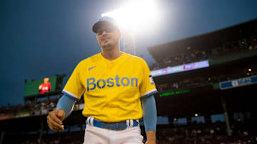 BOSTON, MA - SEPTEMBER 17: Enrique Hernandez #5 of the Boston Red Sox warms up before a game against the Baltimore Orioles on September 17, 2021 at Fenway Park in Boston, Massachusetts. (Photo by Billie Weiss/Boston Red Sox/Getty Images)