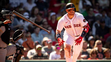 BOSTON, MA - MAY 29: Christian Vázquez #7 of the Boston Red Sox hits an rbi double during the fifth inning of a game against the Baltimore Orioles on May 29, 2022 at Fenway Park in Boston, Massachusetts. (Photo by Maddie Malhotra/Boston Red Sox/Getty Images)