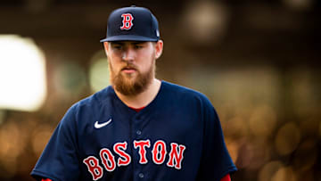 CHICAGO,IL - JULY 2: Josh Winckowski #73 of the Boston Red Sox reacts during the first inning of a game against the Chicago Cubs on July 2, 2022 at Wrigley Field in Chicago, Illinois. (Photo by Billie Weiss/Boston Red Sox/Getty Images)