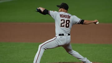 SAN FRANCISCO, CA - SEPTEMBER 04: Hector Rondon #28 of the Arizona Diamondbacks pitches against the San Francisco Giants during the seventh inning at Oracle Park on September 4, 2020 in San Francisco, California. The Arizona Diamondbacks defeated the San Francisco Giants 6-5. (Photo by Jason O. Watson/Getty Images)