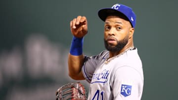 BOSTON, MA - JUNE 29: Carlos Santana #41 of the Kansas City Royals looks on during a game against the Boston Red Sox at Fenway Park on June 29, 2021 in Boston, Massachusetts. (Photo by Adam Glanzman/Getty Images)
