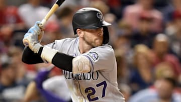 WASHINGTON, DC - SEPTEMBER 17: Trevor Story #27 of the Colorado Rockies bats against the Washington Nationals at Nationals Park on September 17, 2021 in Washington, DC. (Photo by G Fiume/Getty Images)