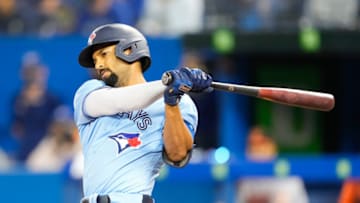 TORONTO, ONTARIO - OCTOBER 3: Marcus Semien #10 of the Toronto Blue Jays swings against the Baltimore Orioles in the first inning during their MLB game at the Rogers Centre on October 3, 2021 in Toronto, Ontario, Canada. (Photo by Mark Blinch/Getty Images)