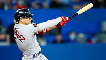TORONTO, ON - APRIL 26: Kike Hernandez #5 of the Boston Red Sox bats during a MLB game against the Toronto Blue Jays at Rogers Centre on April 26, 2022 in Toronto, Ontario, Canada. (Photo by Vaughn Ridley/Getty Images)