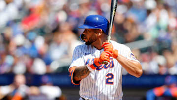 NEW YORK, NEW YORK - JULY 03: Dominic Smith #2 of the New York Mets in action against the Texas Rangers at Citi Field on July 03, 2022 in New York City. The Mets defeated the Rangers 4-1. (Photo by Jim McIsaac/Getty Images)
