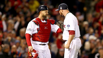 BOSTON, MA - OCTOBER 23: Jon Lester #31 of the Boston Red Sox celebrates with David Ross #3 at the end of the fourth inning against the St. Louis Cardinals during Game One of the 2013 World Series at Fenway Park on October 23, 2013 in Boston, Massachusetts. (Photo by Elsa/Getty Images)