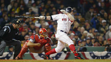 BOSTON - OCTOBER 24: Trot Nixon of the Boston Red Sox bats during game two of the 2004 World Series against the St. Louis Cardinals at Fenway Park on October 24, 2004 in Boston, Massachusetts. The Red Sox defeated the Cardinals 6-2. (Photo by Ron Vesely/MLB Photos via Getty Images)