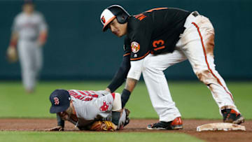 BALTIMORE, MD - APRIL 21: Dustin Pedroia #15 of the Boston Red Sox lays injured on the field after colliding at second base with Manny Machado #13 of the Baltimore Orioles in the eighth inning at Oriole Park at Camden Yards on April 21, 2017 in Baltimore, Maryland. (Photo by Matt Hazlett/Getty Images)