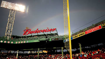 BOSTON, MA - JUNE 27: A rainbow appears over the Budweiser Deck as rain stops falling before the Boston Red Sox take on the Minnesota Twins at Fenway Park on June 27, 2017 in Boston, Massachusetts. (Photo by Adam Glanzman/Getty Images)