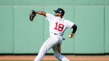 BOSTON, MA - SEPTEMBER 10: Jackie Bradley Jr. #19 of the Boston Red Sox throws the ball during the fifth inning of a game against the Tampa Bay Rays on September 10, 2017 at Fenway Park in Boston, Massachusetts. (Photo by Billie Weiss/Boston Red Sox/Getty Images)