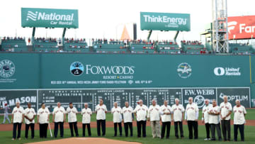BOSTON, MA - AUGUST 16: Members of the American League Champion 1967 Red Sox are acknowledged at Fenway Park before the game between the Boston Red Sox and the St. Louis Cardinals on August 16, 2017 in Boston, Massachusetts. (Photo by Maddie Meyer/Getty Images)