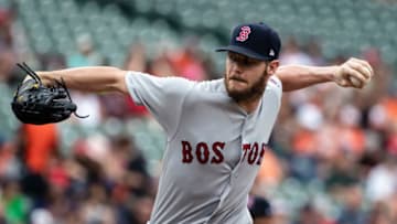 BALTIMORE, MD - AUGUST 12: Chris Sale #41 of the Boston Red Sox pitches against the Baltimore Orioles during the first inning at Oriole Park at Camden Yards on August 12, 2018 in Baltimore, Maryland. (Photo by Scott Taetsch/Getty Images)