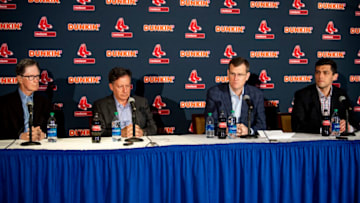 BOSTON, MA - JANUARY 15: Principal owner John Henry, Chairman Tom Werner, President & CEO Sam Kennedy, and Chief Baseball Officer Chaim Bloom of the Boston Red Sox address the media during a press conference addressing the departure of manager Alex Cora on January 15, 2020 at Fenway Park in Boston, Massachusetts. (Photo by Billie Weiss/Boston Red Sox/Getty Images)