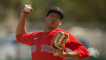 FT. MYERS, FL - FEBRUARY 27: Raynel Espinal #92 of the Boston Red Sox throws during a simulated game during a spring training team workout on February 27, 2021 at jetBlue Park at Fenway South in Fort Myers, Florida. (Photo by Billie Weiss/Boston Red Sox/Getty Images)