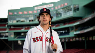 BOSTON, MA - JULY 22: Boston Red Sox 2021 first round draft pick Marcelo Mayer poses for a portrait as he is signed with the club on July 22, 2021 at Fenway Park in Boston, Massachusetts. (Photo by Billie Weiss/Boston Red Sox/Getty Images)