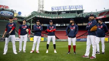 BOSTON, MA - OCTOBER 05: Members of the Boston Red Sox bullpen look on before the 2021 American League Wild Card game between the Boston Red Sox and the New York Yankees at Fenway Park on October 5, 2021 in Boston, Massachusetts. (Photo by Billie Weiss/Boston Red Sox/Getty Images)