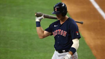 ARLINGTON, TX - MAY 15: Bobby Dalbec #29 of the Boston Red Sox reacts after striking out against the Texas Rangers during the second inning at Globe Life Field on May 15, 2022 in Arlington, Texas. (Photo by Ron Jenkins/Getty Images)