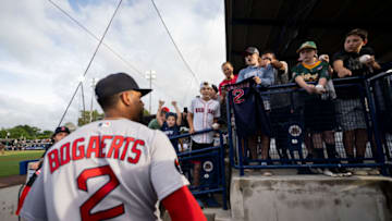 SOUTH WILLIAMSPORT, PA - AUGUST 21: Xander Bogaerts #2 of the Boston Red Sox greets fans before the 2022 Little League Classic game against the Baltimore Orioles on August 21, 2022 at Bowman Field in South Williamsport, Pennsylvania.(Photo by Billie Weiss/Boston Red Sox/Getty Images)