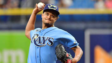 ST PETERSBURG, FLORIDA - AUGUST 22: Chris Archer #22 of the Tampa Bay Rays delivers a pitch in the first inning against the Chicago White Sox at Tropicana Field on August 22, 2021 in St Petersburg, Florida. (Photo by Julio Aguilar/Getty Images)