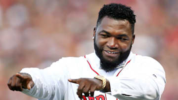 BOSTON, MA - JUNE 23: Former Boston Red Sox player David Ortiz #34 reacts during his jersey retirement ceremony before a game against the Los Angeles Angels of Anaheim at Fenway Park on June 23, 2017 in Boston, Massachusetts. (Photo by Adam Glanzman/Getty Images)