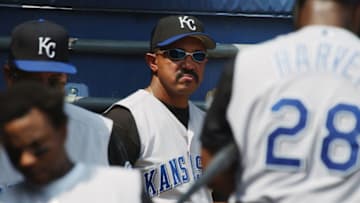 CHICAGO - AUGUST 6: Manager Tony Pena #6 of the Kansas City Royals looks down the dugout at his team during the game against the Chicago White Sox on August 6, 2003 at U.S. Cellular Field in Chicago, Illinois. The White Sox defeated the Royals 4-3. (Photo by Jonathan Daniel/Getty Images)