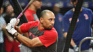 ST PETERSBURG, FLORIDA - SEPTEMBER 20: Mookie Betts #50 of the Boston Red Sox takes batting practice before a baseball game against the Tampa Bay Rays at Tropicana Field on September 20, 2019 in St Petersburg, Florida. (Photo by Julio Aguilar/Getty Images)