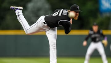 DENVER, CO - AUGUST 16: Jon Gray #55 of the Colorado Rockies pitches against the Miami Marlins in the first inning of a game at Coors Field on August 16, 2019 in Denver, Colorado. (Photo by Dustin Bradford/Getty Images)