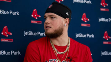 FT. MYERS, FL - FEBRUARY 15: Alex Verdugo #99 of the Boston Red Sox speaks to the media during a press conference during a team workout on February 15, 2020 at jetBlue Park at Fenway South in Fort Myers, Florida. (Photo by Billie Weiss/Boston Red Sox/Getty Images)